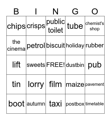 American English vs. British English Bingo Card