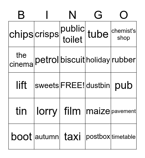 American English vs. British English Bingo Card