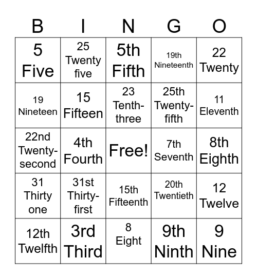 Numbers & Ordinals Bingo Card