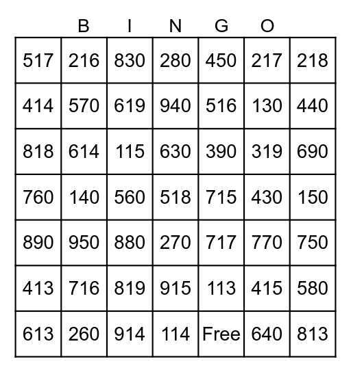 BIG NUMBERS BINGO Card
