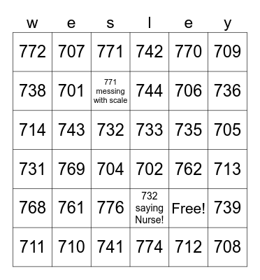 Wesley Bingo Card