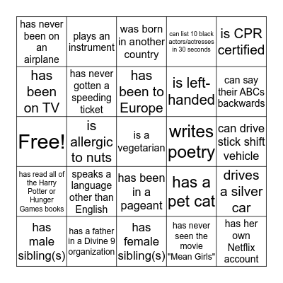 Find a sister who.... Bingo Card