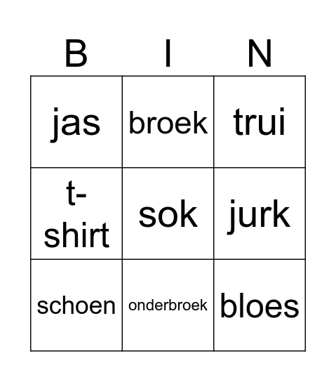 Kleding alfa's Bingo Card