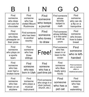 Youth Activity Bingo Card