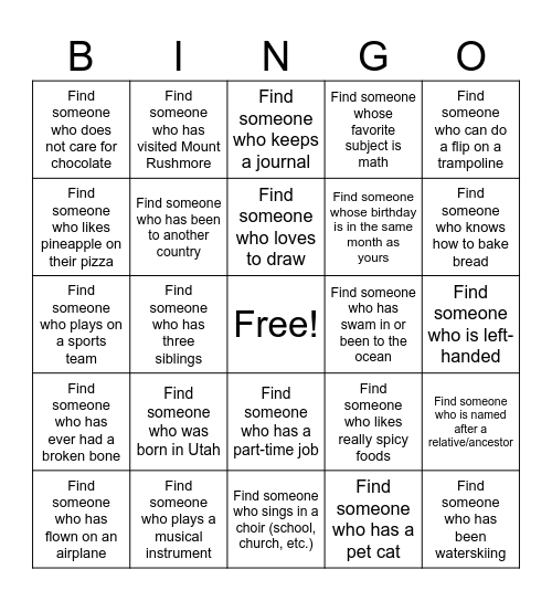 Youth Activity Bingo Card