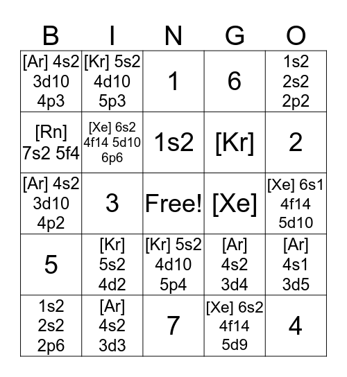 Electron Configuration Bingo Card