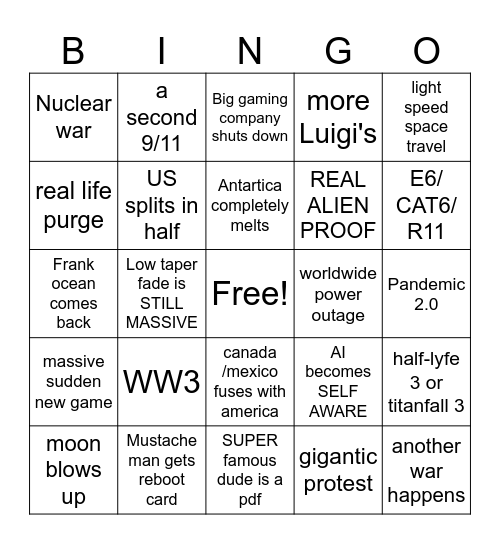 Tylers 2025 Disaster BINGO Card