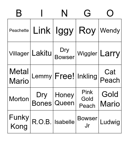 Mario Kart Characters Bingo Card