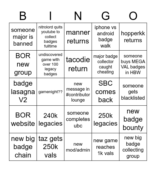 BOR BINGO Card