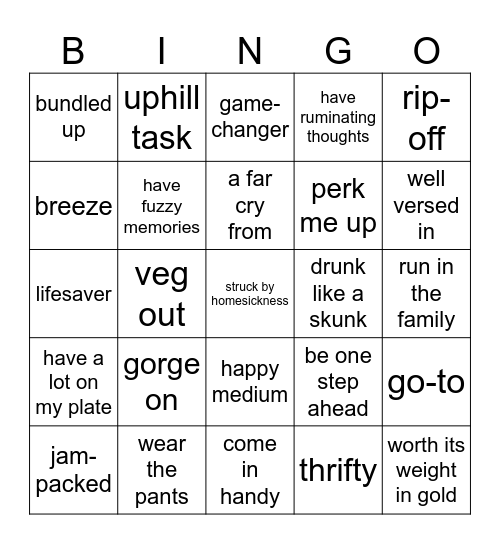 B1+ Vocabulary Bingo Card