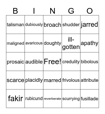 Monkey's Paw Vocabulary Bingo Card