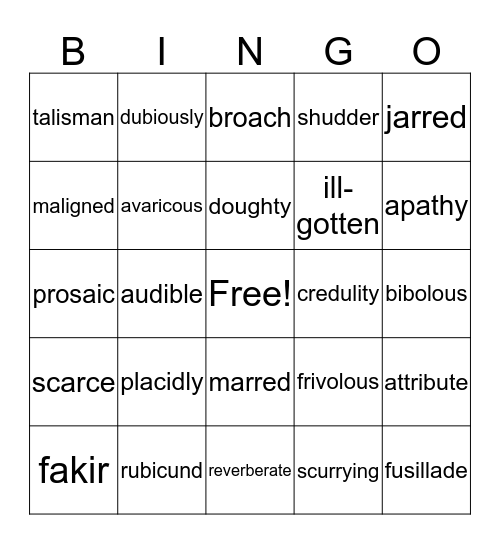 Monkey's Paw Vocabulary Bingo Card