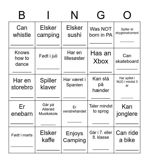 YOUTH HUMAN BINGO Card