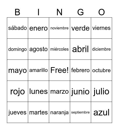 días y meses Bingo Card
