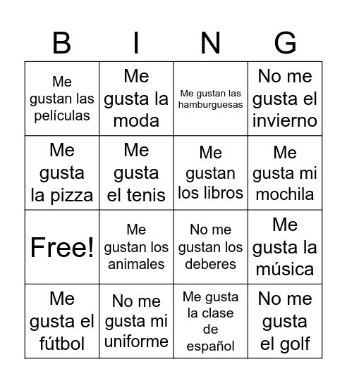 Me gusta/No me gusta Bingo Card