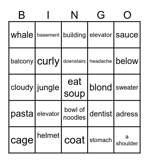 MOVERS VOCABULARY Bingo Card