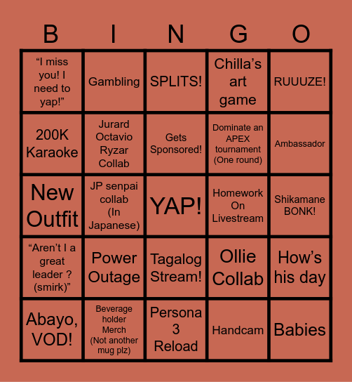 Jurard T. Rexford Bingo Card