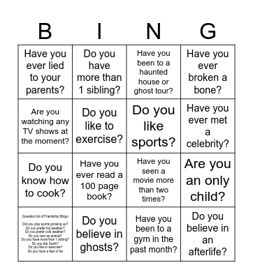 Friendship Bingo Card