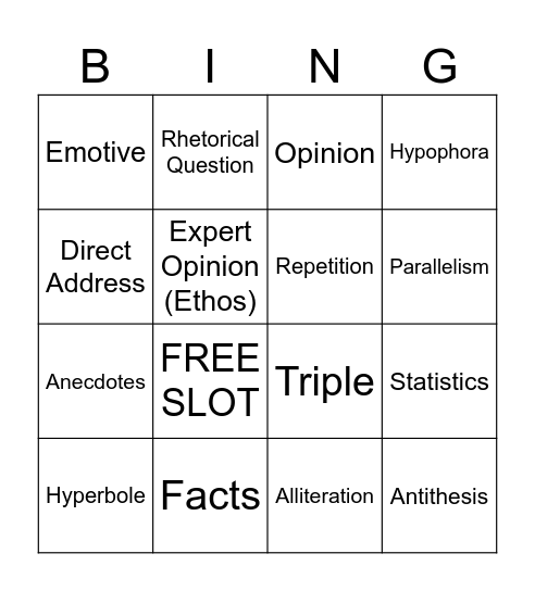 Rhetorical Devices Bingo Card