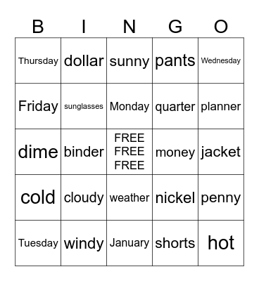 Weekly Bingo Card