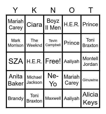 R & B Bingo Card