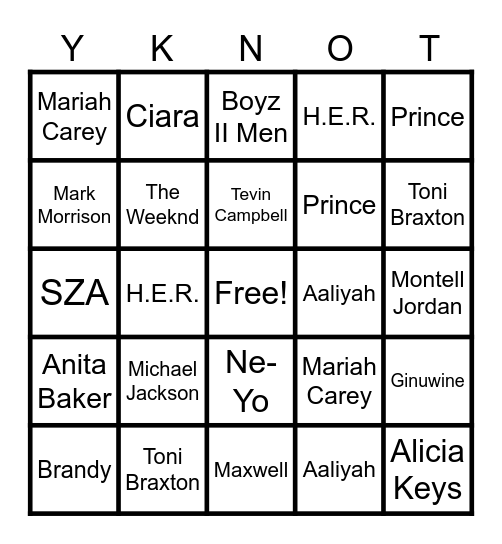 R & B Bingo Card
