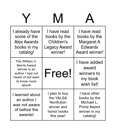 Youth Media Awards Bingo - Secondary Bingo Card
