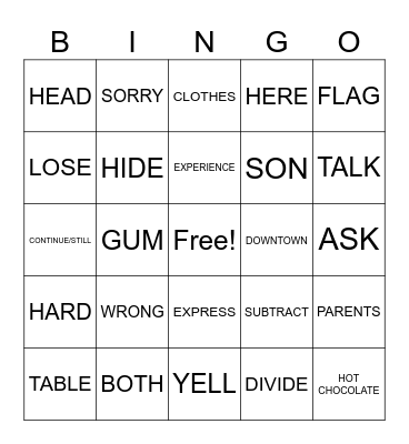 ASL 1 1st Semester Vocab Review Bingo Card