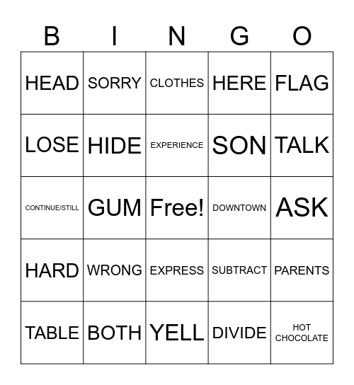 ASL 1 1st Semester Vocab Review Bingo Card