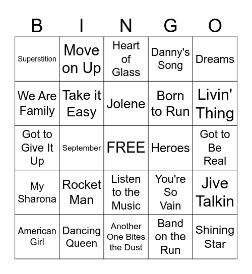 70s Music Bingo Card