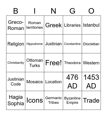 Byzantine Empire Jingo Bingo Card