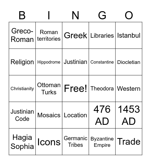 Byzantine Empire Jingo Bingo Card