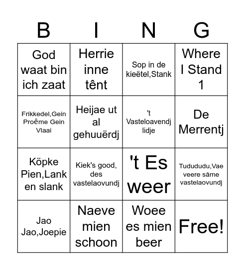 Bitterballen Music Bingo Party Bingo Card