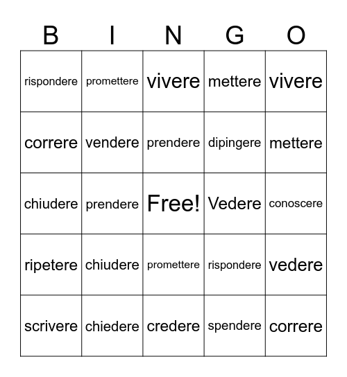 ERE verbs Bingo Card