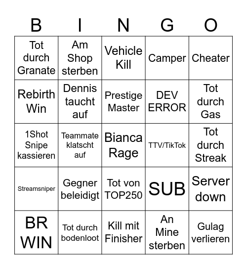 Warzone Bingo Card