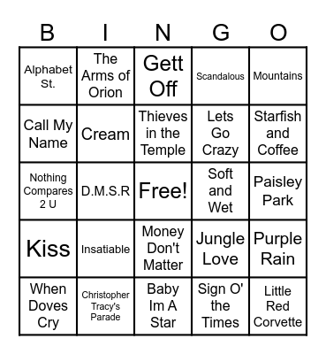 All Prince Bingo Card