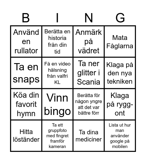 Ålderdomshemsbingo Card
