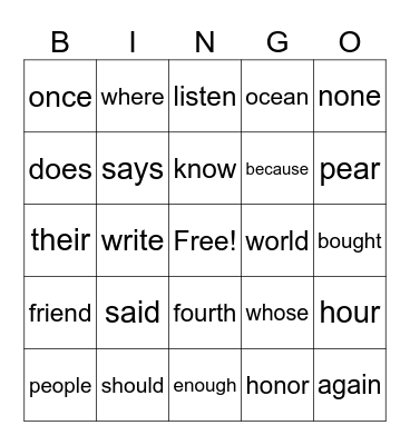 2025 Heart Words Bingo Card