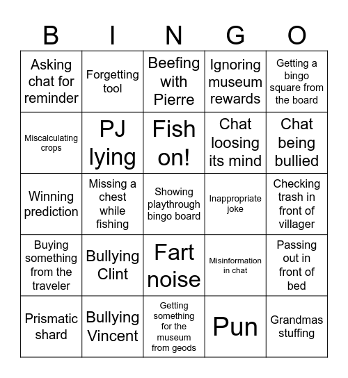 Stardew Streams Bingo Card