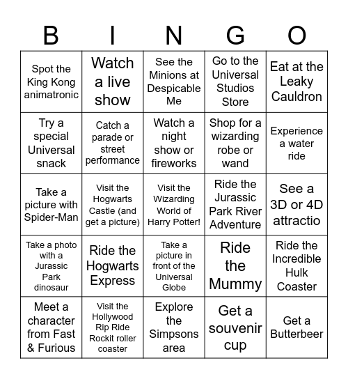 Universal Studios Orlando: Bingo Edition Bingo Card