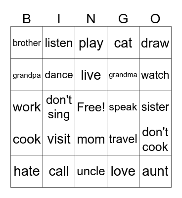 French verb Bingo Card