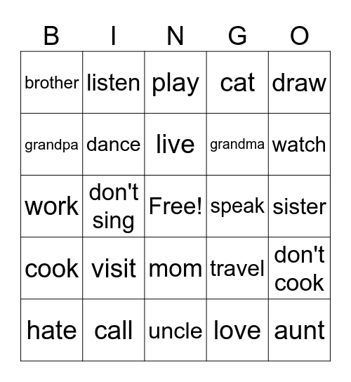 French verb Bingo Card