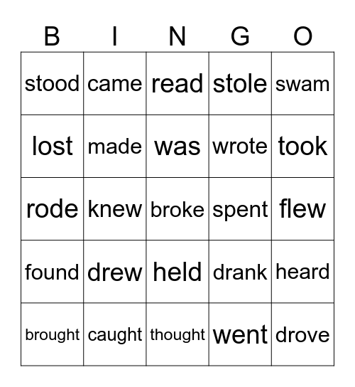 Irregular Verbs Bingo Card