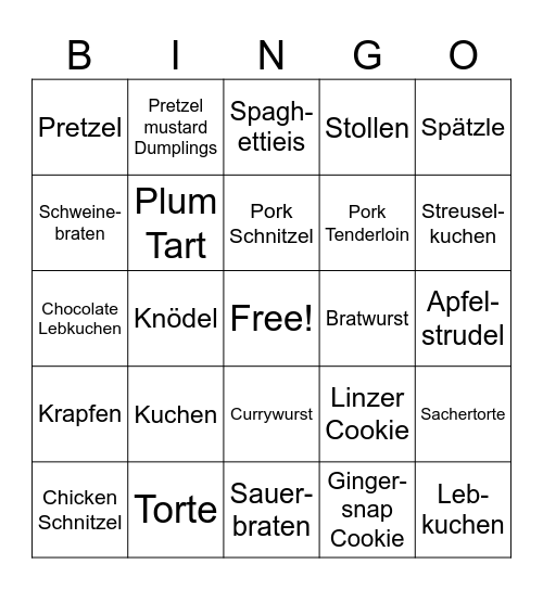 German Foods Bingo Card