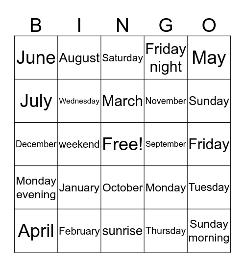 months, days and times of day BINGO Card