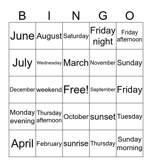 months, days and times of day BINGO Card