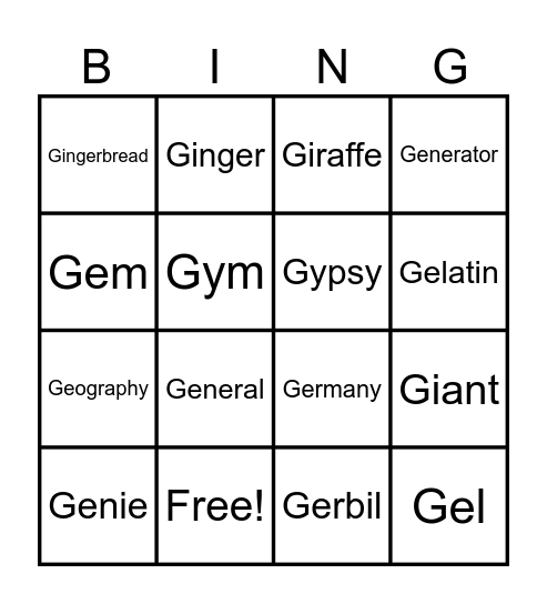 Words Starting with Soft G Bingo Card