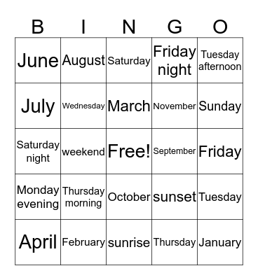 months, days and times of day BINGO Card