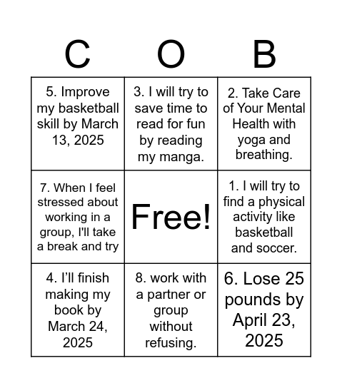 New Year’s Resolutions Bingo Card