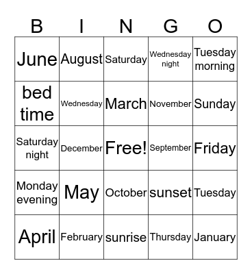 months, days and times of day BINGO Card